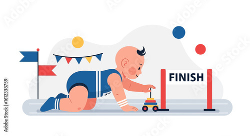Illustration of a baby crawling towards the finish line, reaching milestones, symbolizing growth and achievement during infancy and childhood