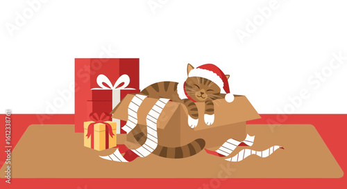 Festive Feline Awaits Santa Cat Nap In Cardboard Box Decorated Christmas