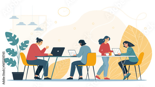 Teamwork in a modern office: Illustration perfect for business websites, presentations, and brochures.