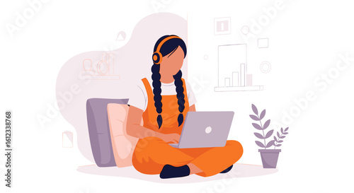 Young woman working from home on laptop, wearing headphones. Perfect for blog posts, websites, and articles about remote work.