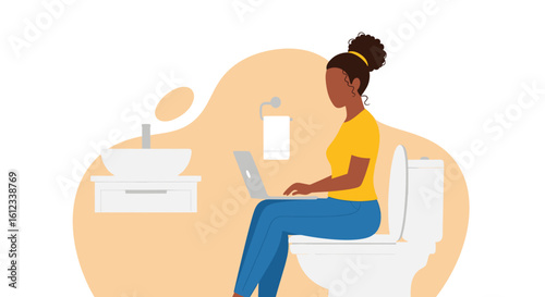Woman working on laptop in bathroom, perfect for articles on work-life balance or remote work.