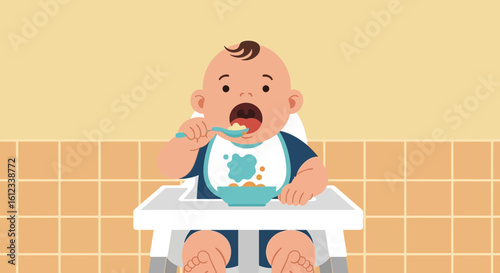 Illustration of a baby eating in a high chair, representing early childhood nutrition and development, perfect for health websites