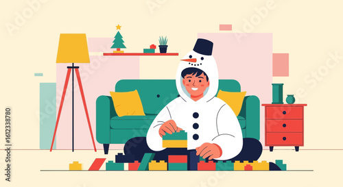 Festive Fun A Boy In Snowman Costume Plays With Colorful Building Blocks At Home