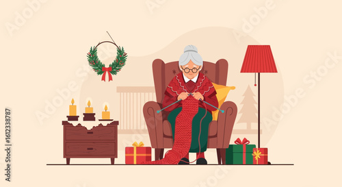 Grandmother Knits Cozy Scarf Amidst Festive Holiday Decorations At Home