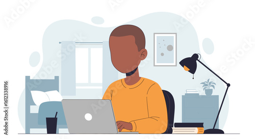 Illustration of a person working from home on a laptop, ideal for websites or blogs about remote work.