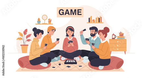 Group Of Friends Enjoying Card Game Indoor Sitting On Pillows Together