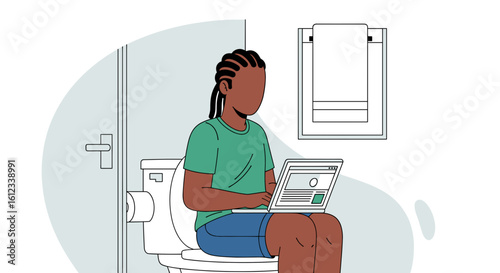 Person working on laptop while sitting on toilet, illustration for blog post or social media.