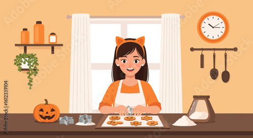 Halloween Baking With Young Woman Wearing Cat Ears Headband In Kitchen
