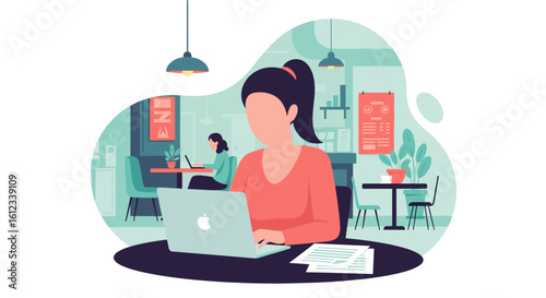 Woman working on laptop in a modern cafe, ideal for website banners or blog posts about remote work.