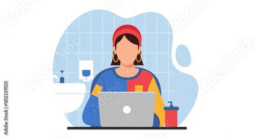 Woman working on laptop in a bathroom, perfect for blog posts about work-life balance or remote work.
