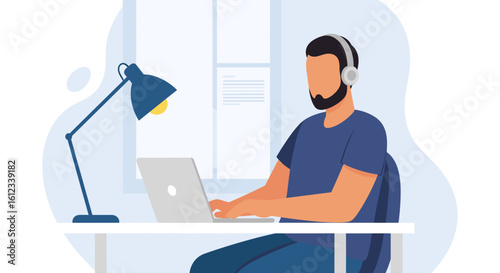 Man working from home on laptop, wearing headphones. Ideal for blog posts, websites, and presentations on remote work.