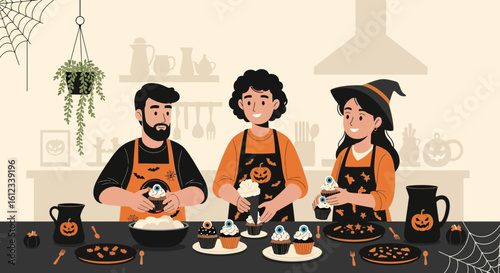 Halloween Fun With Family Making Spooky Cupcakes In The Kitchen