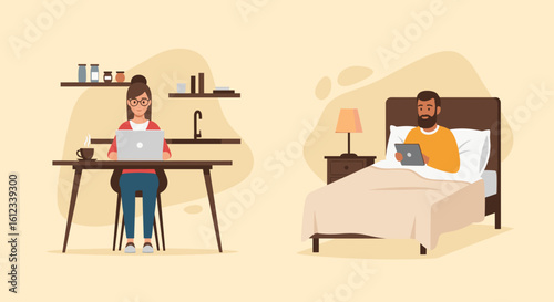 Illustration of a woman working on a laptop and a man relaxing in bed with a tablet - perfect for articles on work-life balance or remote work.