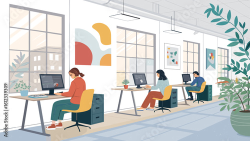 Modern co-working space illustration, ideal for website banners or brochures.