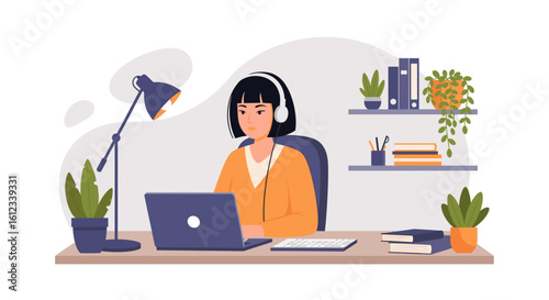 Woman working from home on laptop, wearing headphones. Perfect for blog posts, websites or social media related to remote work, online learning or communication.