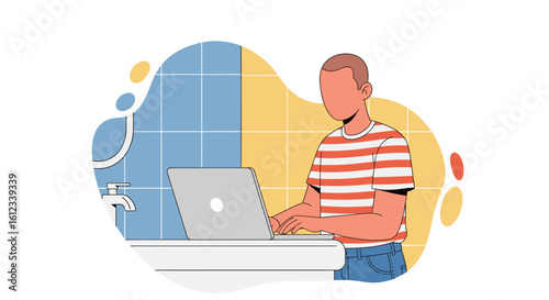 Man working on laptop in bathroom, illustration for blog post or website.