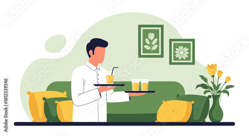Flat Vector Illustration About A Waiter Serving Refreshments In A Relaxing Environment