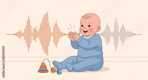 Happy Baby Clapping Accompanied By Sound Waves Illustration Graphic Design