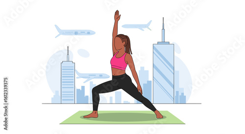 Woman doing yoga in front of city skyline with airplanes, perfect for travel and wellness websites or brochures.