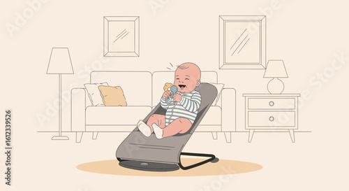 Happy Baby Playing With Rattle In Bouncer At Home In Minimalist Design