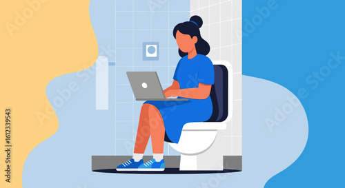 Woman working on laptop in bathroom - illustration for articles about work-life balance or remote work.