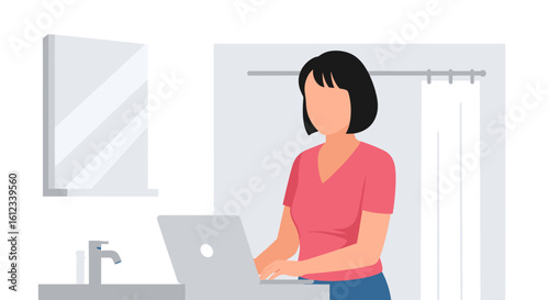 Woman working on laptop in bathroom, perfect for blog posts about work-life balance or remote work.