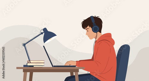Focused Student Engaged In Virtual Learning At Home During Night Time
