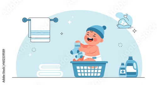 Happy Baby Plays With Socks After A Bathing In A Laundry Basket