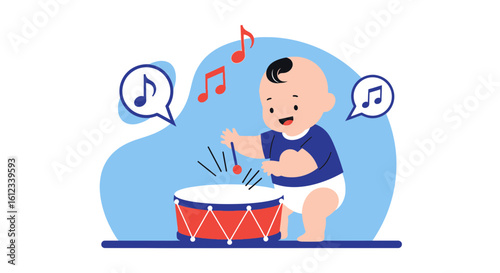 Happy Baby Plays the Drum and Creates Musical Sounds in the Room