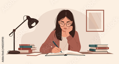 Focused Student Writes In Notebook Under The Light Of Desk Lamp At Home