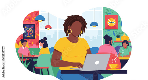 Woman working on laptop in a modern co-working space, ideal for website banners or blog posts about remote work.