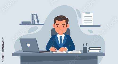 Smiling businessman working at his desk, perfect for business websites, brochures, or presentations.