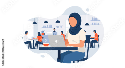 Young woman working on laptop in a modern cafe, ideal for website banners or marketing materials.