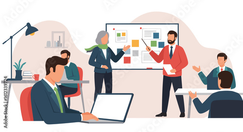 Diverse business team brainstorming ideas during a presentation. Ideal for website banners, brochures, or marketing materials.
