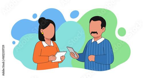 Illustration of two faceless people using digital tablets and smartphones, ideal for websites and app interfaces.