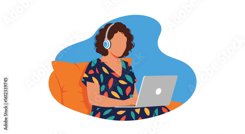 Woman working on laptop, wearing headphones, perfect for websites and blog posts about remote work, technology, or online learning.