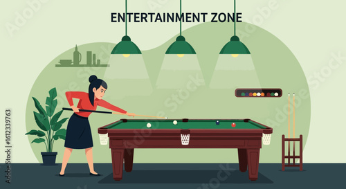Focused Woman Plays Snooker At The Entertainment Zone For Leisure Activity