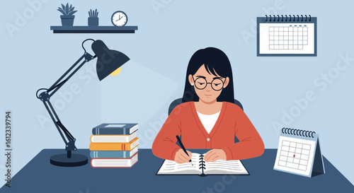 Focused Woman Writing In A Notebook At Her Desk At Home Studying
