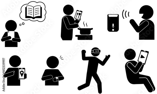 現代のデジタルライフスタイルとテクノロジー活用を表現したピクトグラム