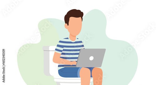 Man working on laptop while sitting on toilet - humorous illustration for social media, blog post, or website.