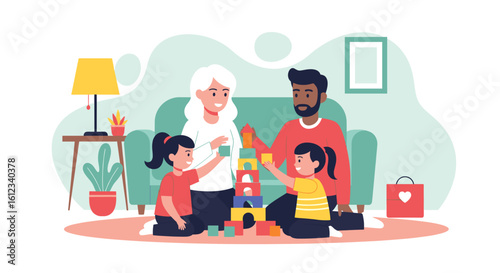 Happy family playing with building blocks together at home, perfect for family blogs or parenting websites.