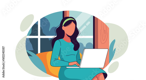Woman working on laptop near window, ideal for website banners or blog posts about remote work.