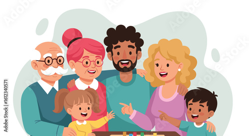 Happy multigenerational family playing a board game together, perfect for family blogs or websites.
