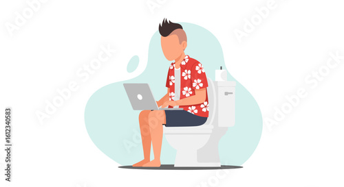Man working on laptop while sitting on toilet -  Illustration for blog post or website.