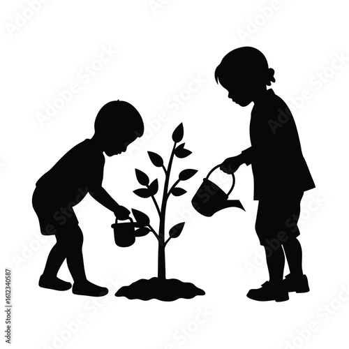 Children planting and watering tree silhouette