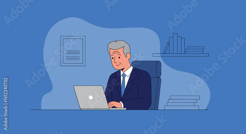 Senior businessman working on laptop in office, ideal for business websites and presentations.