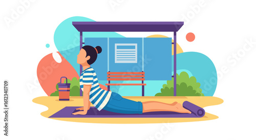 Woman doing yoga outdoors near a bus stop. Perfect for blogs, websites, or health and wellness brochures.