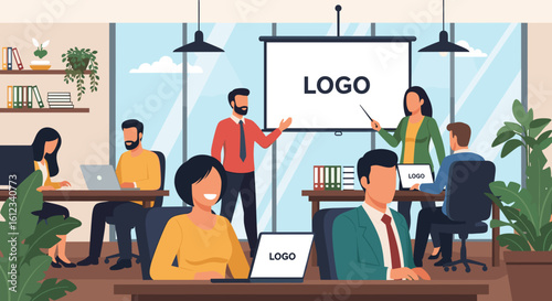 Modern office team brainstorming and presenting a new logo, ideal for website banners or marketing materials.
