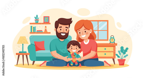 Happy family with young child at home, perfect for family blogs, parenting websites, or insurance brochures.