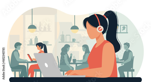 Woman working on laptop in a cafe, perfect for blog posts about remote work or co-working spaces.